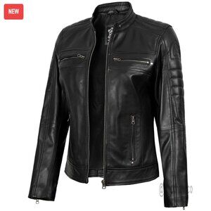Lambskin Leather Jacket Cafe Racer Style Stand Collar